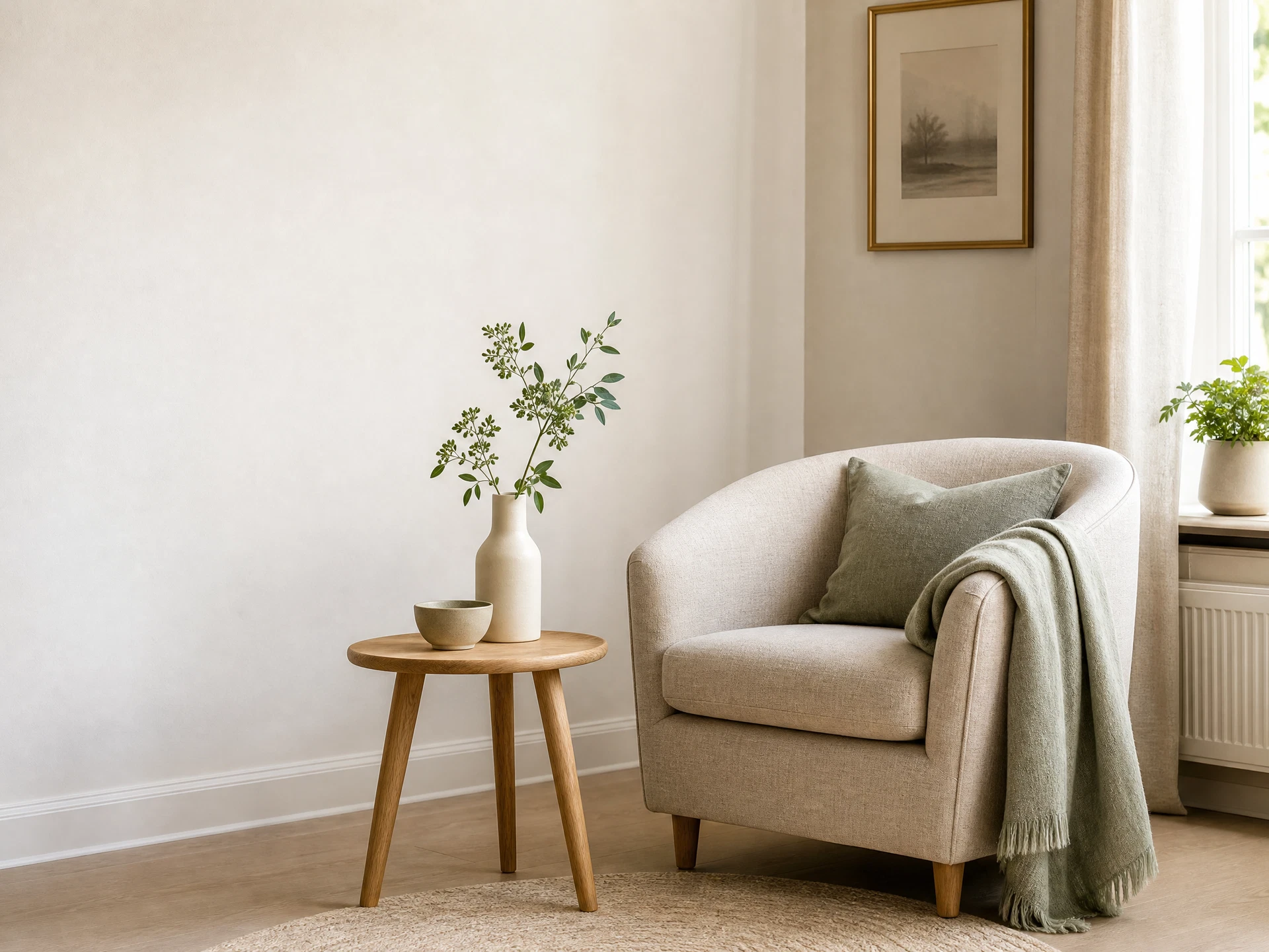 Espace de consultation serein aux tons naturels, avec fauteuil en lin et végétaux