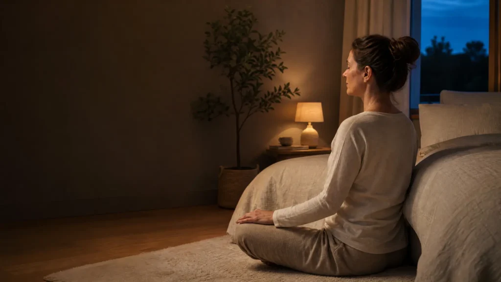 Personne assise au calme dans une chambre le soir, illustrant une routine de sophrologie avant le sommeil.